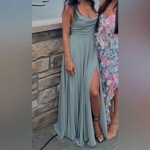Lulu's Sage Green Cowl Neck Maxi Dress with High Thigh Slit
